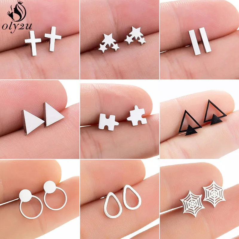 Multiple Mini Stainless Steel Earrings for Women Punk Geometric Heart Round Triangle Earings Piercing Jewelry Spider Web Studs