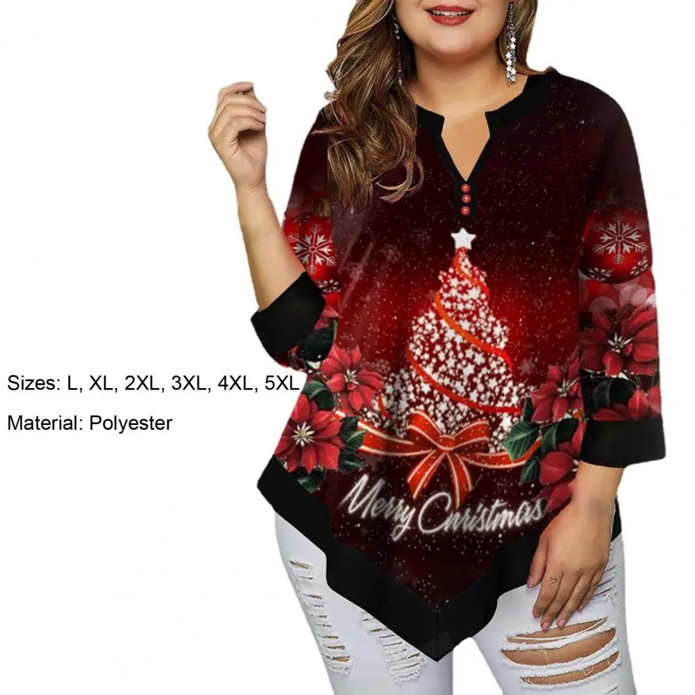 2021 inverno blusa feminina com decote em v manga de três quartos natal impresso flowy plus size blusas femininas camisa festa de natal