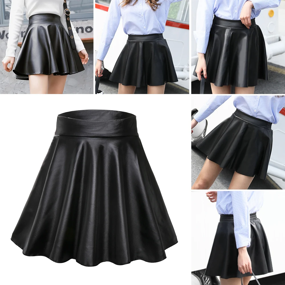 Women Girls Multipurpose Skater Elastic High Waist Faux Leather Skirts Short Skirt Mini