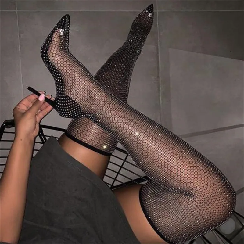 

Full Rhinestone Mesh Summer Boots Women Fishnet Hollow Out Thigh High Botas High Heel Over The Knee Boot Women Sock Shoes