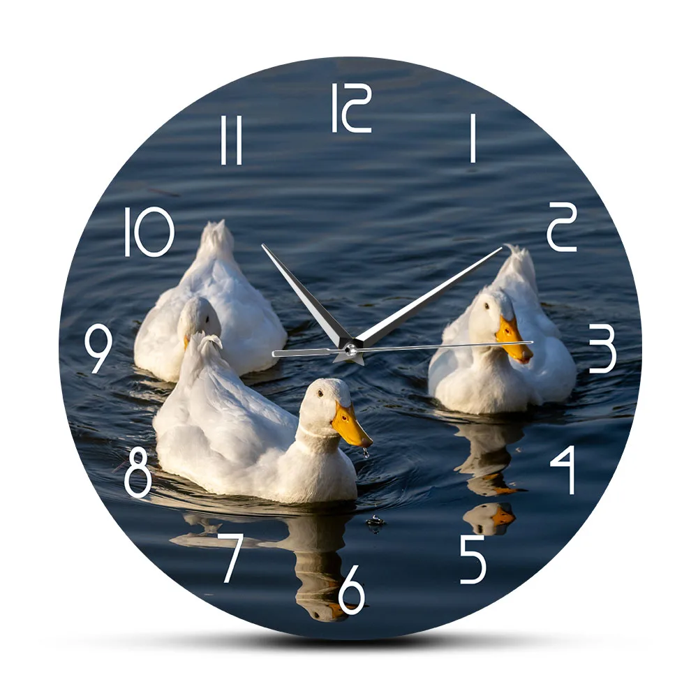 Reloj de pared con bonito paisaje de patos Pekin blancos, pato divertido, pájaro de agua, granja, animales de compañía, decoración bonita para el hogar, reloj de pared de cuarzo silencioso