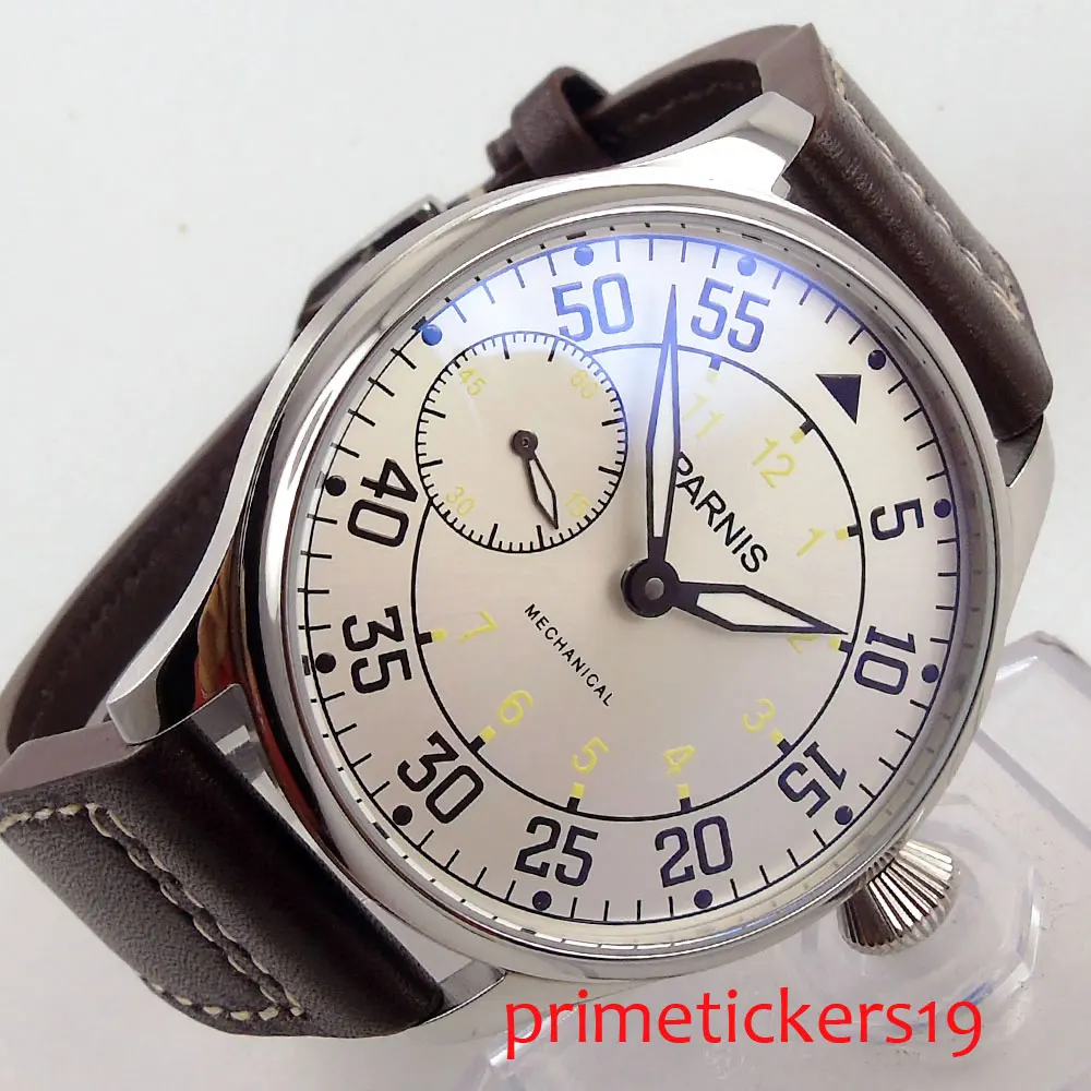 

44mm Parnis Hand Wind Mechanical Watches Silver Case Hand Winding Watch Men Leather Strap With Box Gift Top Luxury Brand 2022