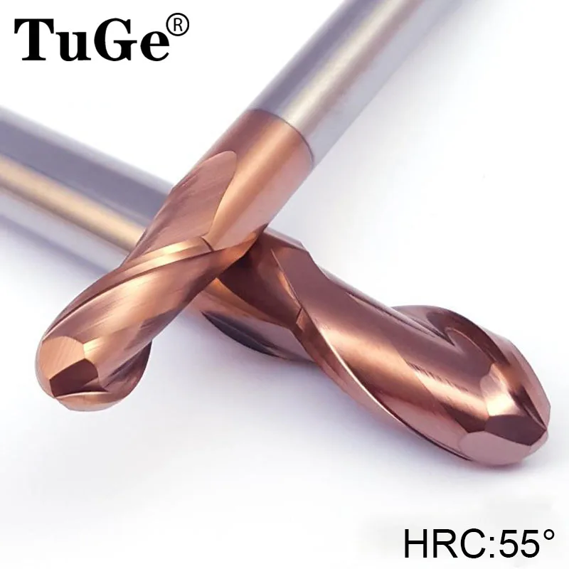 TuGe HRC55 2 Flute Carbide Tungsten Steel Milling Cutter Hard Alloy Milling Tools R2 R3 R4 D8 Ball Nose End Mill For Metal