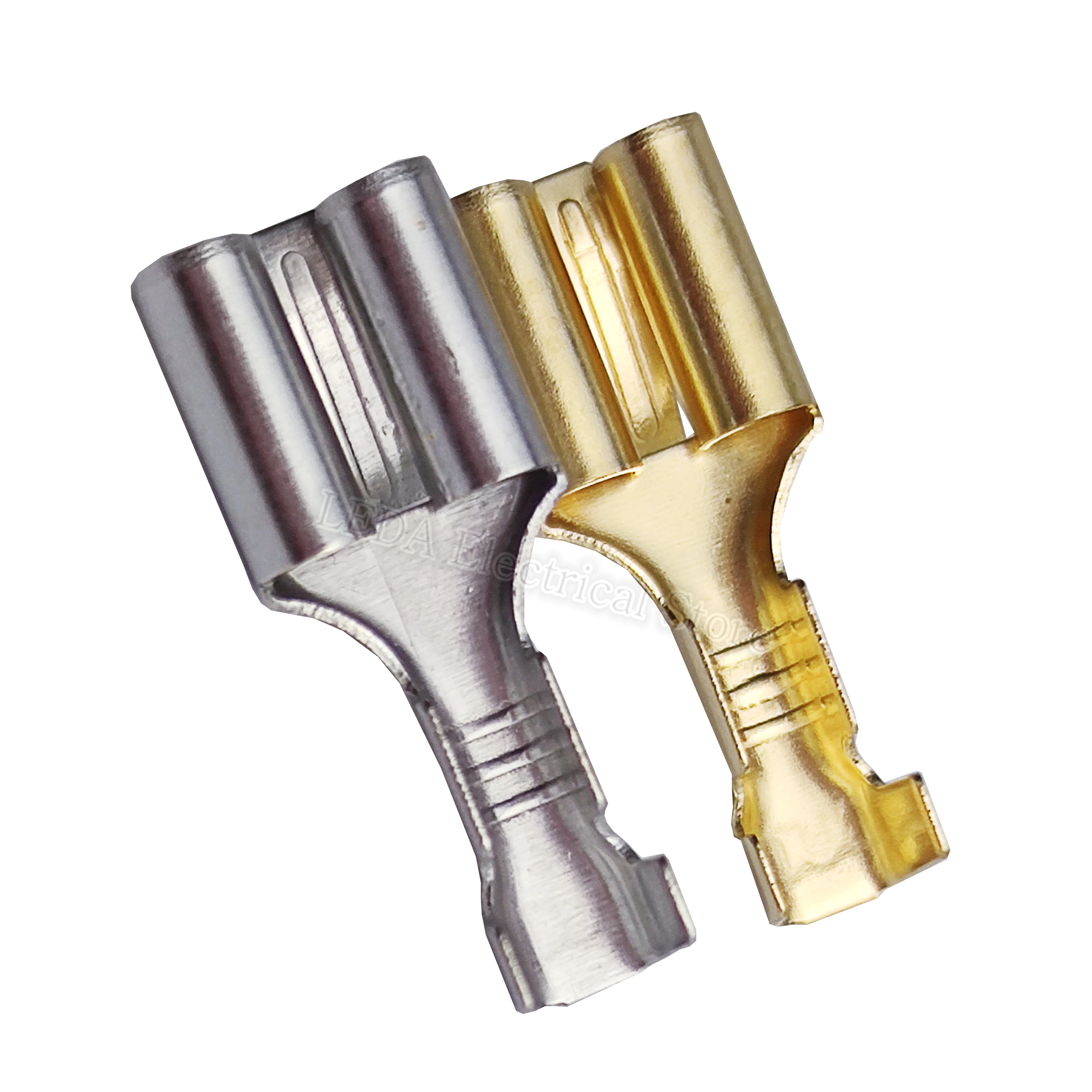 100Pcs DJ623-E6.3B Type 250 Cold Pressed Brass 6.3mm Spring Flat Plate Barbed Plug Terminal Connector