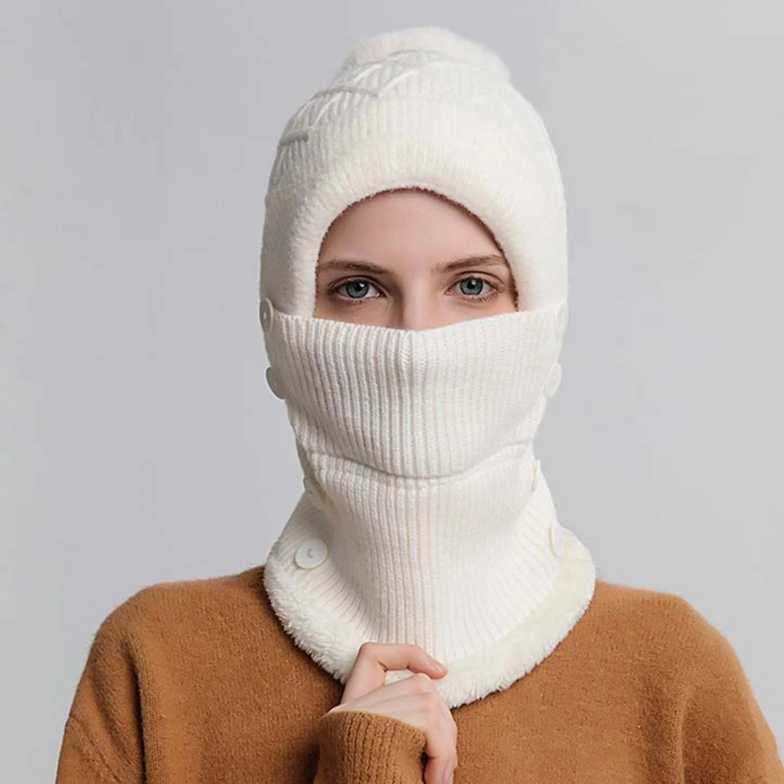 Damessjaal Gezichtsmasker Geïntegreerde koudebestendige capuchon Effen kleur Gebreid pluche Warme skimuts Outdoor Fietsen Hoofddeksels Winter