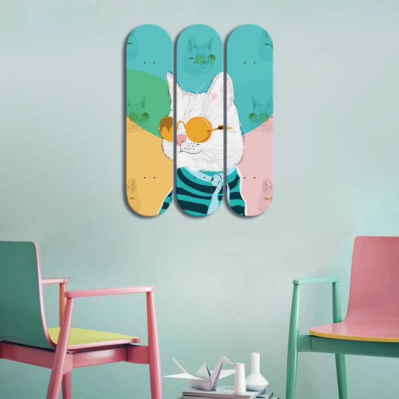 3pcs Decorated Furnishing Exhibition Skate Board Wall Mural Cool Cat Illustration Skateboard for Bar Pub Teen Room Decoration