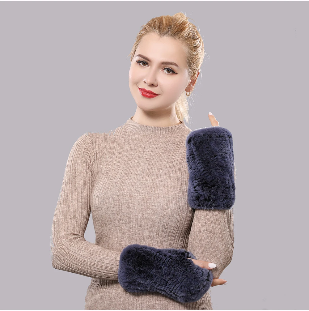 New Women 100% Real Genuine Knitted Rex Rabbit Fur Mittens Winter Warm Lady Real Fur Fingerless Gloves Handmade Knit Fur Mitten
