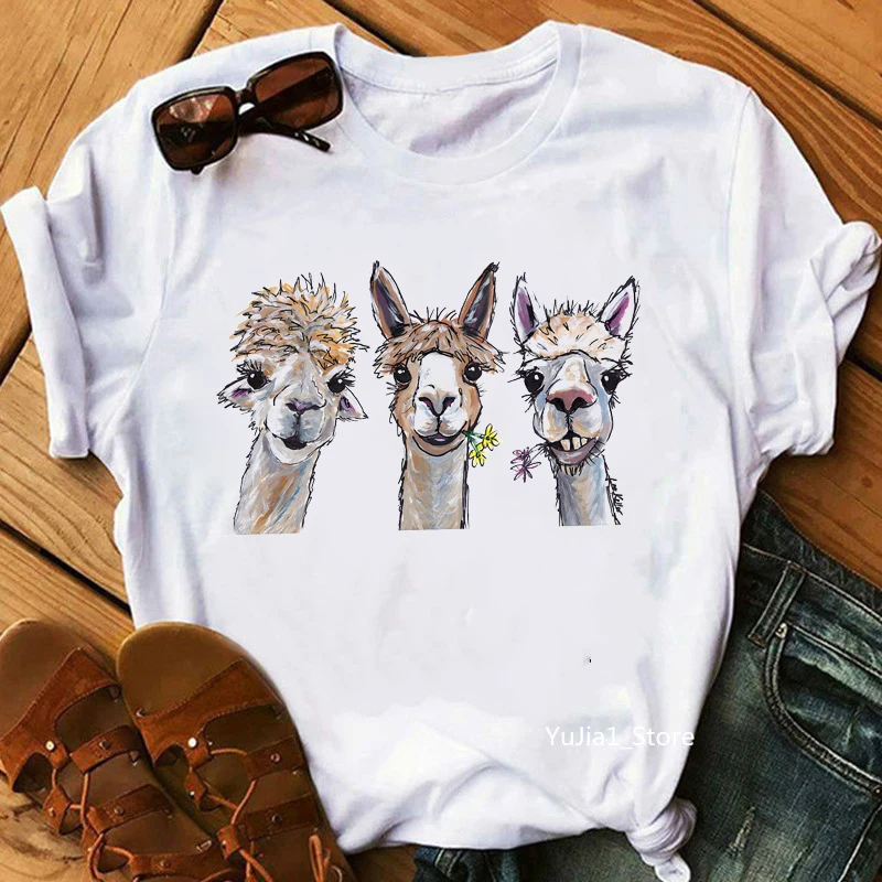 Female T-Shirt Harajuku Kawaii Alpacas Animal Print Funny T Shirts Women Summer White Top Camiseta Mujer Casual Tshirt Clothes