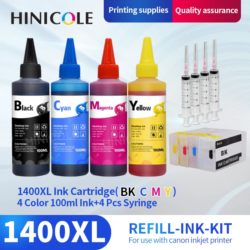 Hinicole 4*100ml Printer ink + Refillable PGI-1400XL ink cartridge PGI-1400 PGI1400 For Canon MAXIFY MB2040 MB2340 MB2140