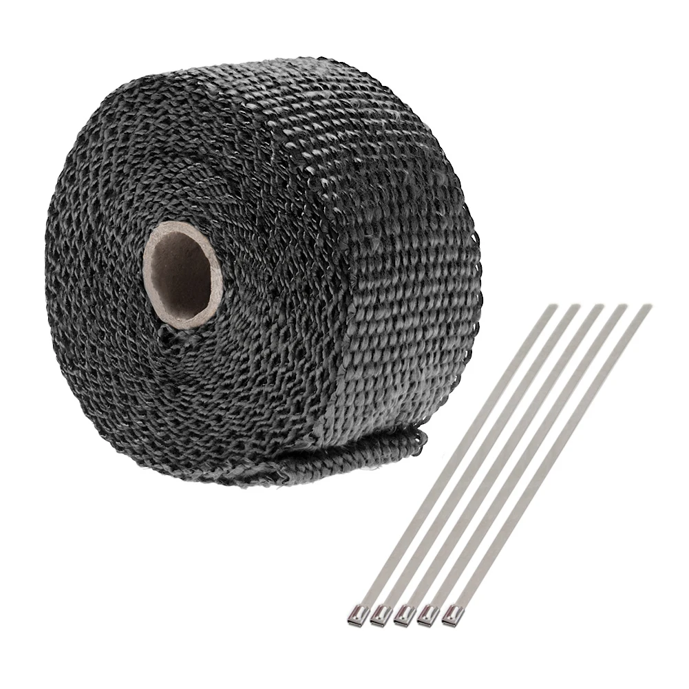 5M ROLL Motorcycle Black Fiberglass Exhaust Header Pipe Heat Wrap Tape+ Ties Kit