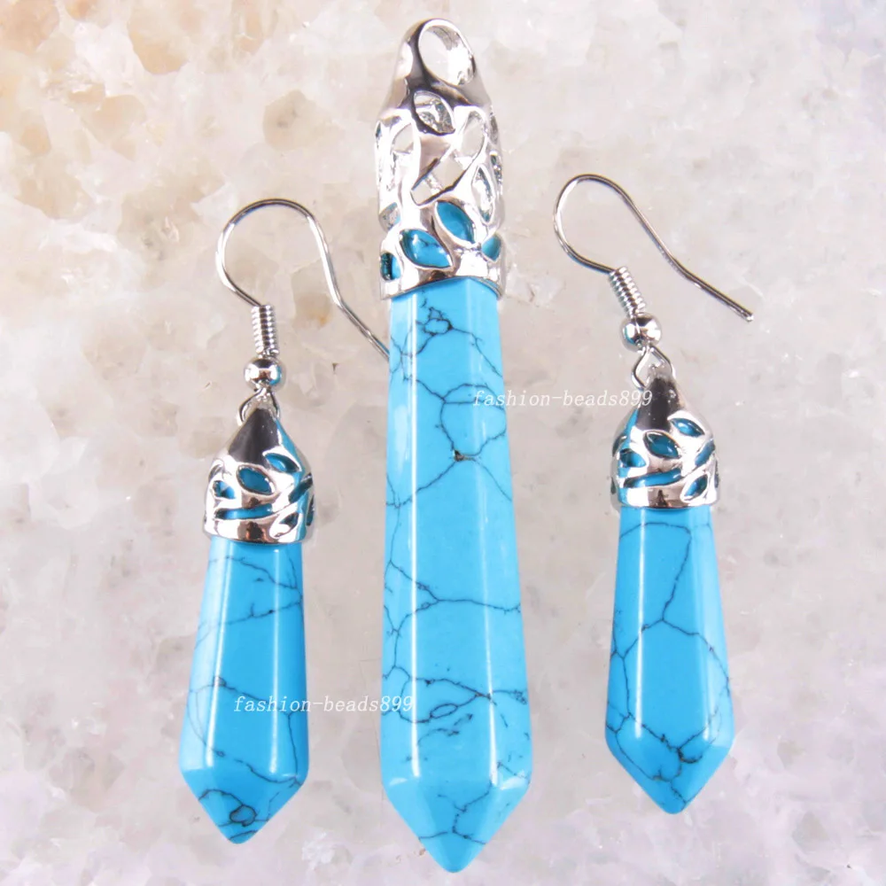 Jewelry Sets Natural Stone Hexagonal Beads Blue Lapis Opal Pink Crystal Dangle Earrings Pendant