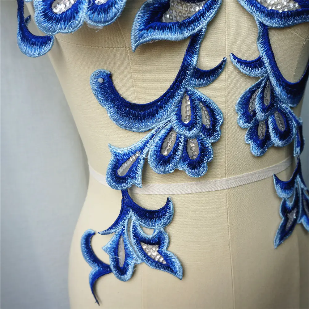 1 Set 4PCS Blue Embroidered Appliques Sequin Lace Fabric Baroque Gown Collar Sew On Patches For Wedding Decoration Dress DIY