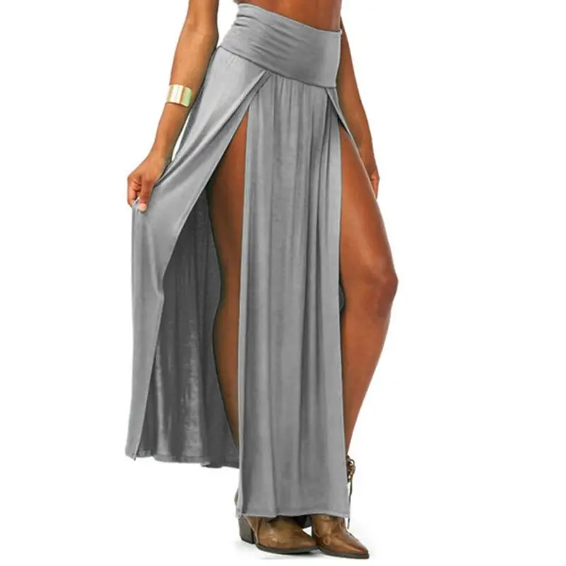 Jupe longue plissée à Double fente pour femmes, taille haute, Sexy, maille ouverte devant, couleur unie, ourlet irrégulier, robe de plage, Cover-Up pour Bikini