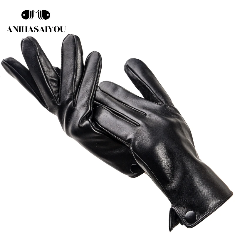 New winter Black mens leather gloves,Sheepskin gloves male winter,Simple men\'s leather gloves,High grade men\'s gloves - 8011Y