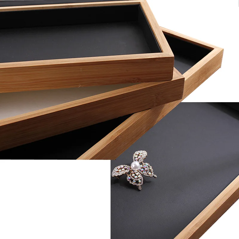 Luxruy PU Leather Bamboo Gift Jewelry Display Box Necklace Bracelet Bangle Rings Earrings Display Jewelry Showcase Storage Tray