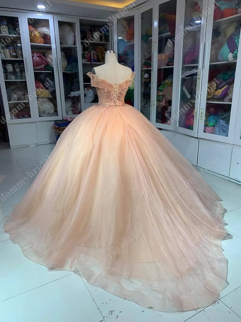 โรแมนติก Vestido De Anos 15 16สาวบอลชุด Cinderella Off ไหล่ Quinceanrea ชุดราตรีลูกไม้คริสตัลพีช Coral ยาว