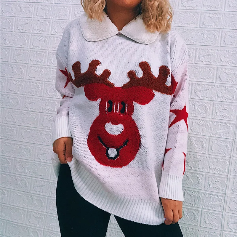 2021 Autumn Winter New Women's Wear Lapel Thickened Long Sleeve Fawn New Year Party Christmas Theme Sweater Pullover Wholesale