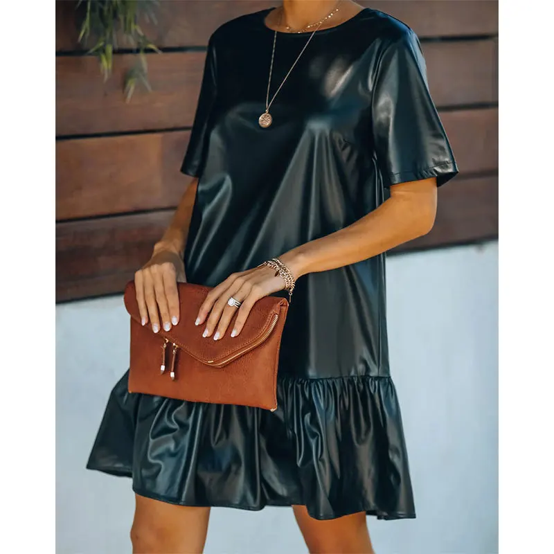 

Loose Pu Leather Dress For Women Summer 2022 Fashion Ruffles Short Sleeve O Neck Female Mini Dress Casual Black A-Line Vestidos