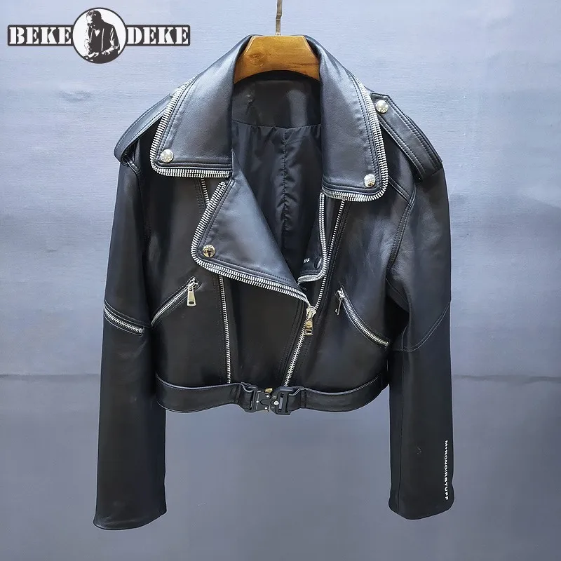 Lente Herfst Bovenkleding Ontwerp Vrouwen Biker Jassen Slim Fit Echt Lederen Jas Echte Schapenvacht Motorfiets Korte Jassen