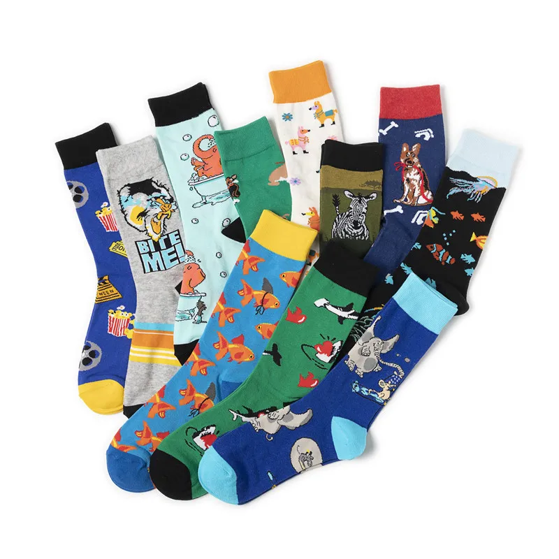 Hrajuku Style Combed Cotton Men\'s Socks Colorful Cartoon Funny Kawaii Dog Cat Elephant Fish Socks Fashion  Spring Sokken