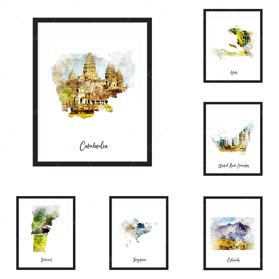 Cambodge aquarelle carte imprimer - état, carte pays, carte, voyage, impression, affiche murale Art Home Decor grand mur Art Gic