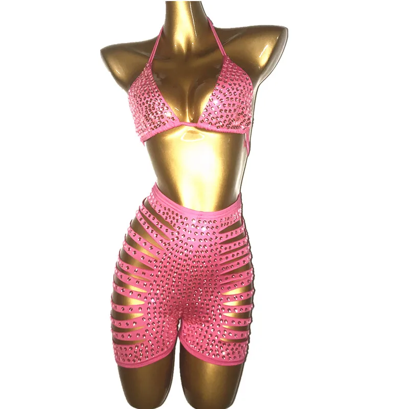 

Summer Sparkly Pink Stones Sexy Bikini Set Costume Women Rhinestones Bra Short Outfit Prom Birthday Celebrate Dance Outfit