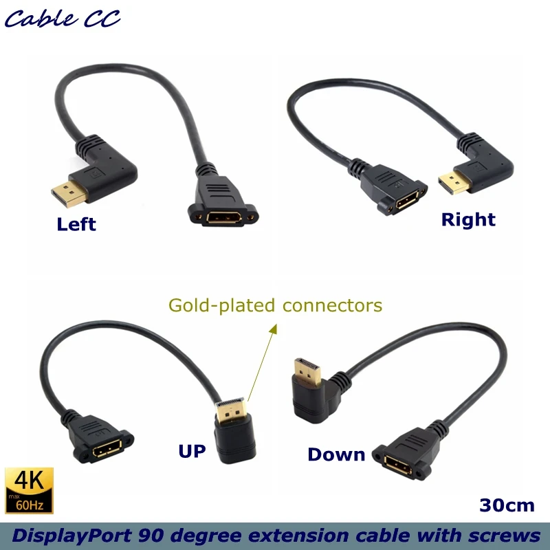 30cm 90 degree angle elbow Displayport panel mounting extension cable adapter HD DP 1.4V male to bus socket screw 2K @ 144Hz