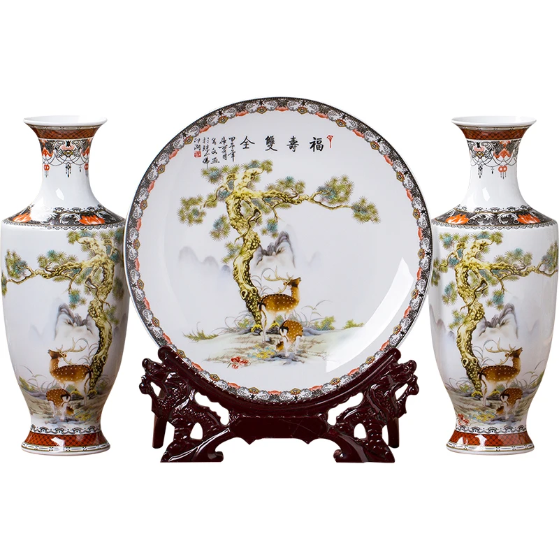 

Jingdezhen Ceramics Three Piece Set Of Vase Flower Arrangement Chinese Style Living Room Wine Cabinet Decoration Porch Ornament