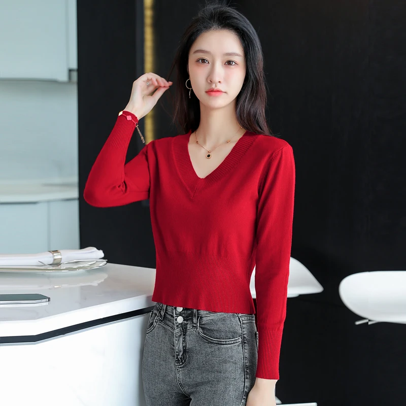 

Women's Elegant Knitting Pullover Sweaters Solid V-Neck Long Sleeves Slim Waist Women Bottoming Knitted Pullover Autumn 2021