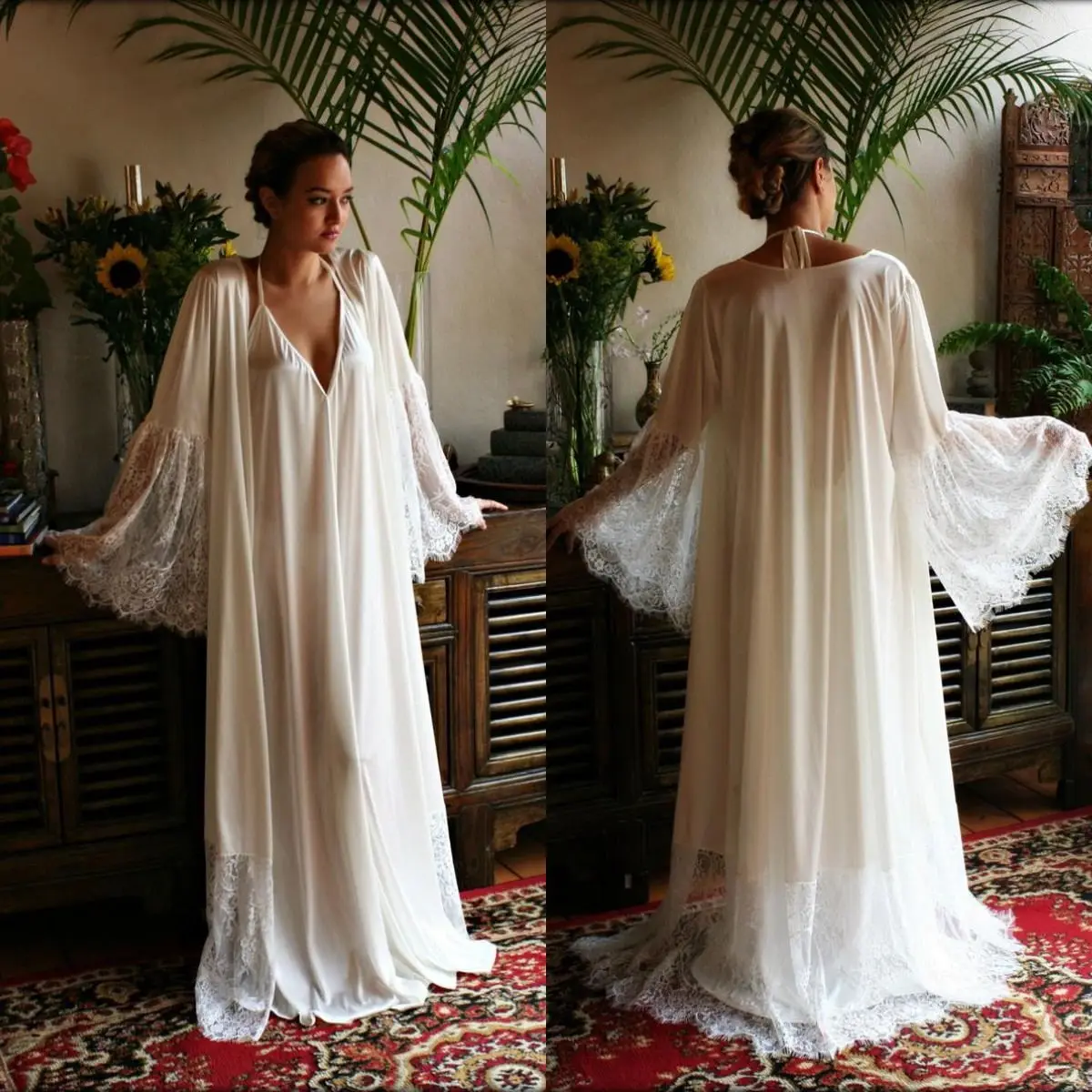 Two Pieces Bridal Robe Lace Trimmed Sleeve Wedding Sleepwear Bridal Lingerie Dressing Gown Kimono Robe Wedding Robe