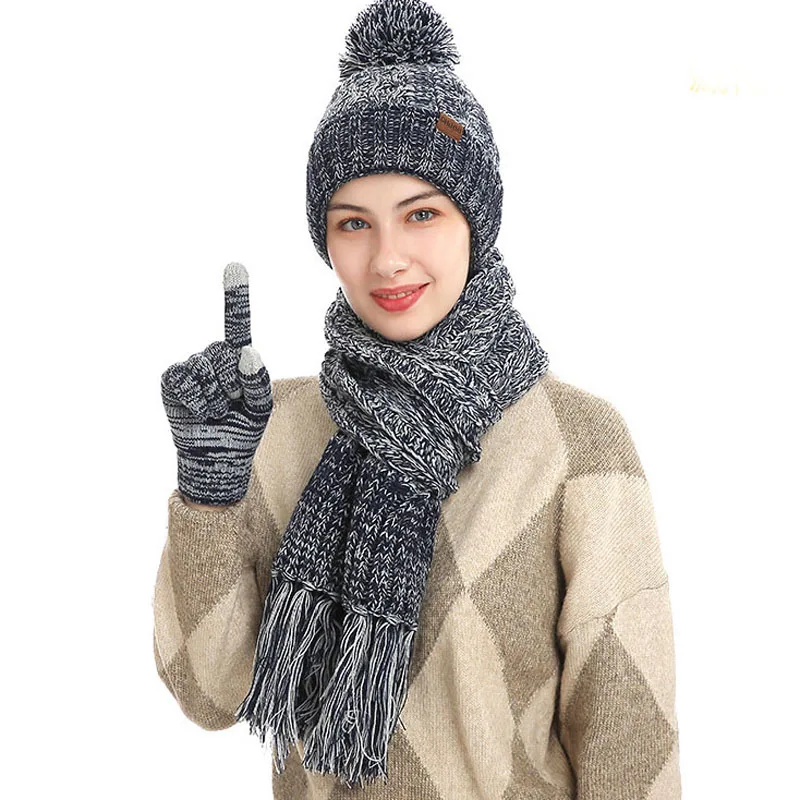 Unisex Hut Schal Handschuh Set Winter Frauen Gestrickte Warme Hut Quaste Schal Touchscreen Handschuhe Verdicken Warme Handschuhe Beanie Hut WF202