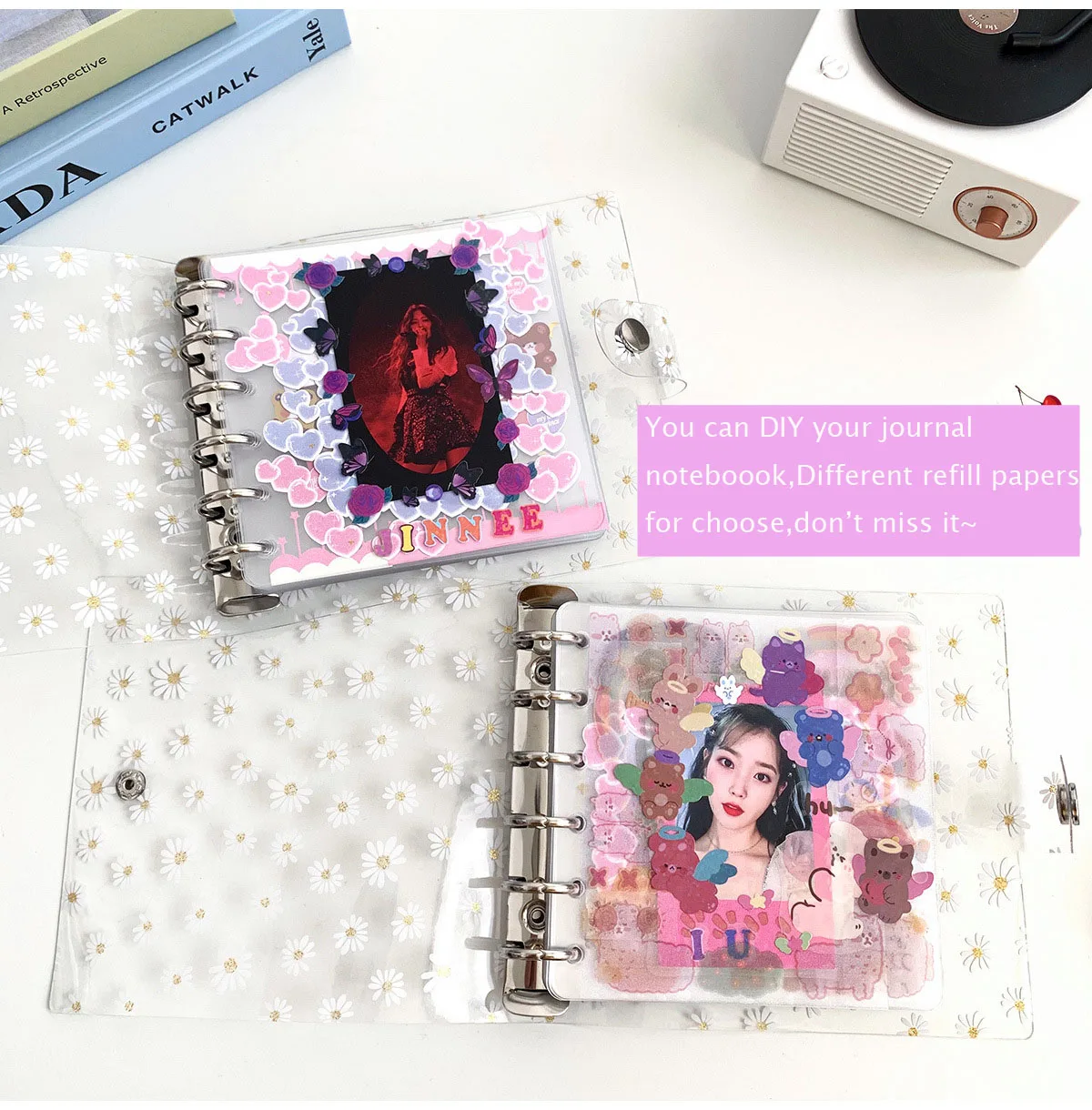 SKYSONIC Daisy Square Ring Jounral Notebook Transparent Scrapbook DIY Photocards Collect Book Refill Binder Dairy Stationery