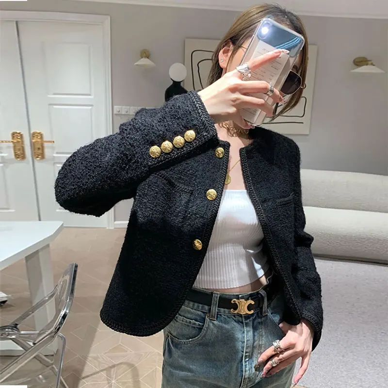 Runway New Autumn Korean Women's Clothes Luxury Chic Tweed Woolen Coat Retro O-Neck Long Sleeve Jacket Tops Outwear 2022 Female