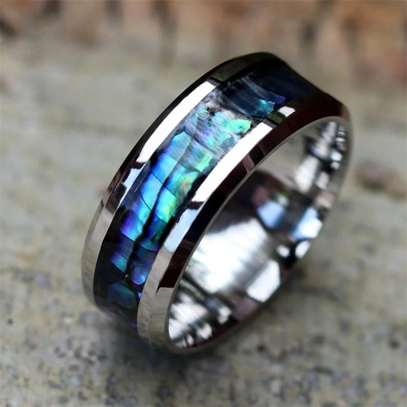 8Mm Titanium Stalen Mode Mannen Ringen Ingelegd Abalone Shell Wedding Band Mannen Sieraden Voor Vrouwen Unisex Accessoires