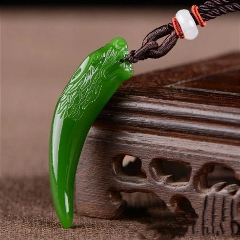 Natural Green Handmade Double-sided Carved Wolf Tooth Jade Pendant Fashion Boutique Jewelry Men and Women Wolf Head Necklace