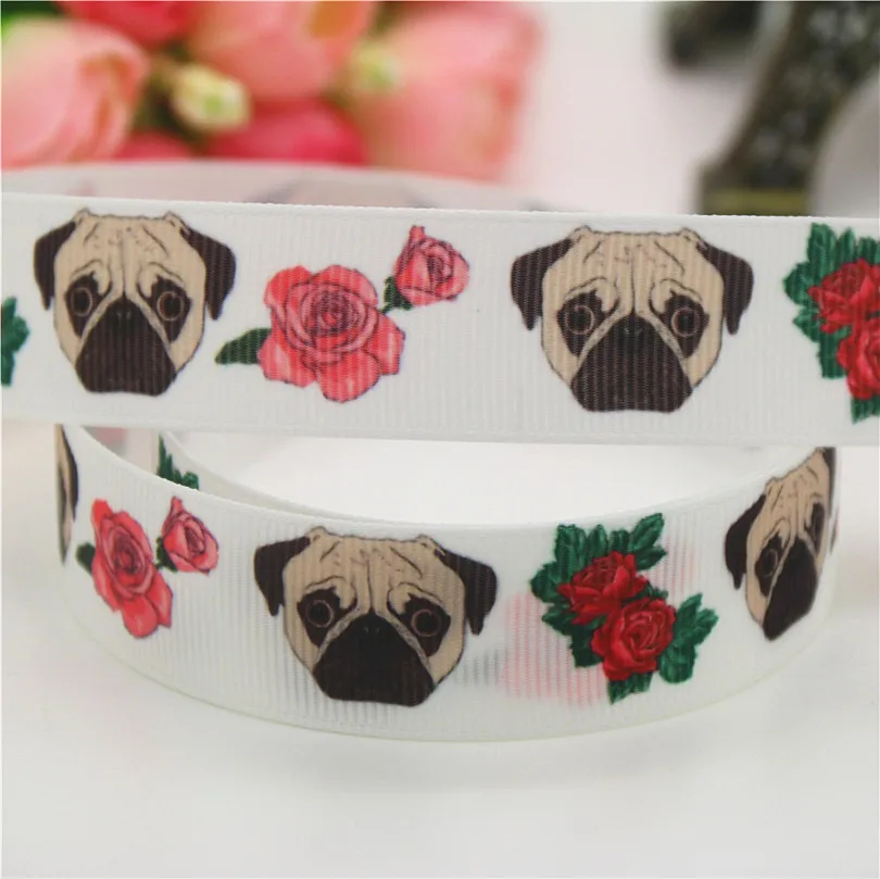 DHK 7/8'' 5yards dog lovely pug bulldog printed grosgrain Ribbon headwear hair bow diy party decoration OEM 22mm E1180