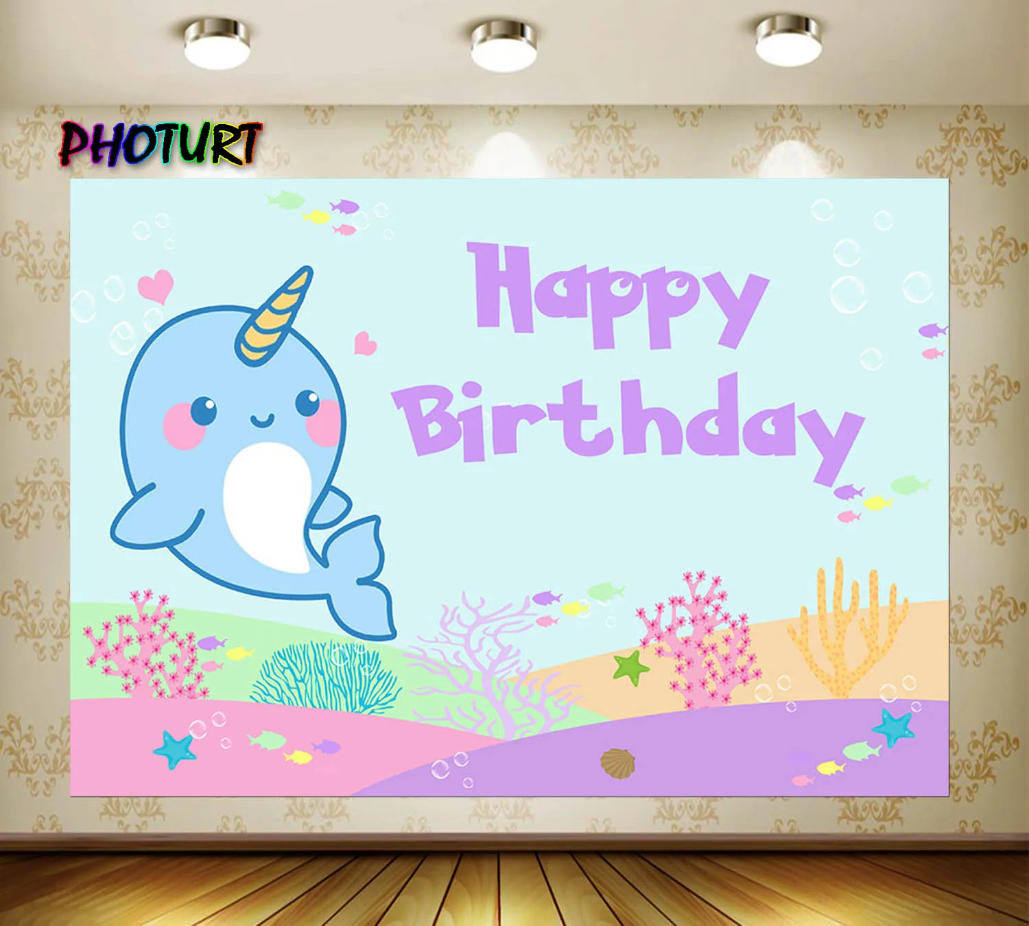 PHOTURT Baby Narwhal Backdrop Kids Birthday Newborn Shower Background Undersea Shark Polyester Vinyl Banner Decoration Props