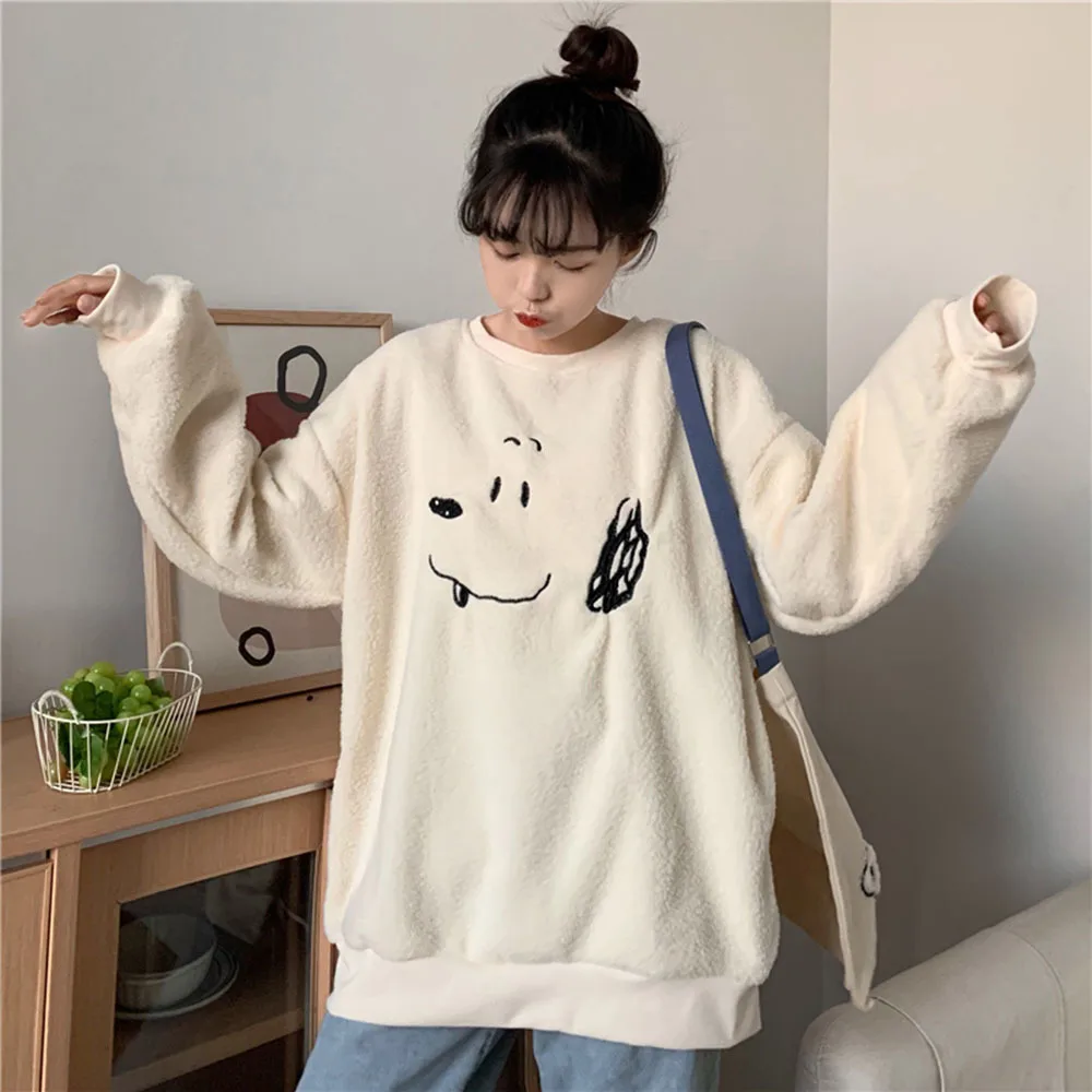 Sweet Winter New Arrivals Women Hoodie Sweatshirt Apricot Lamb Wool Embroidery Cute Puppy Female Loose Pullover