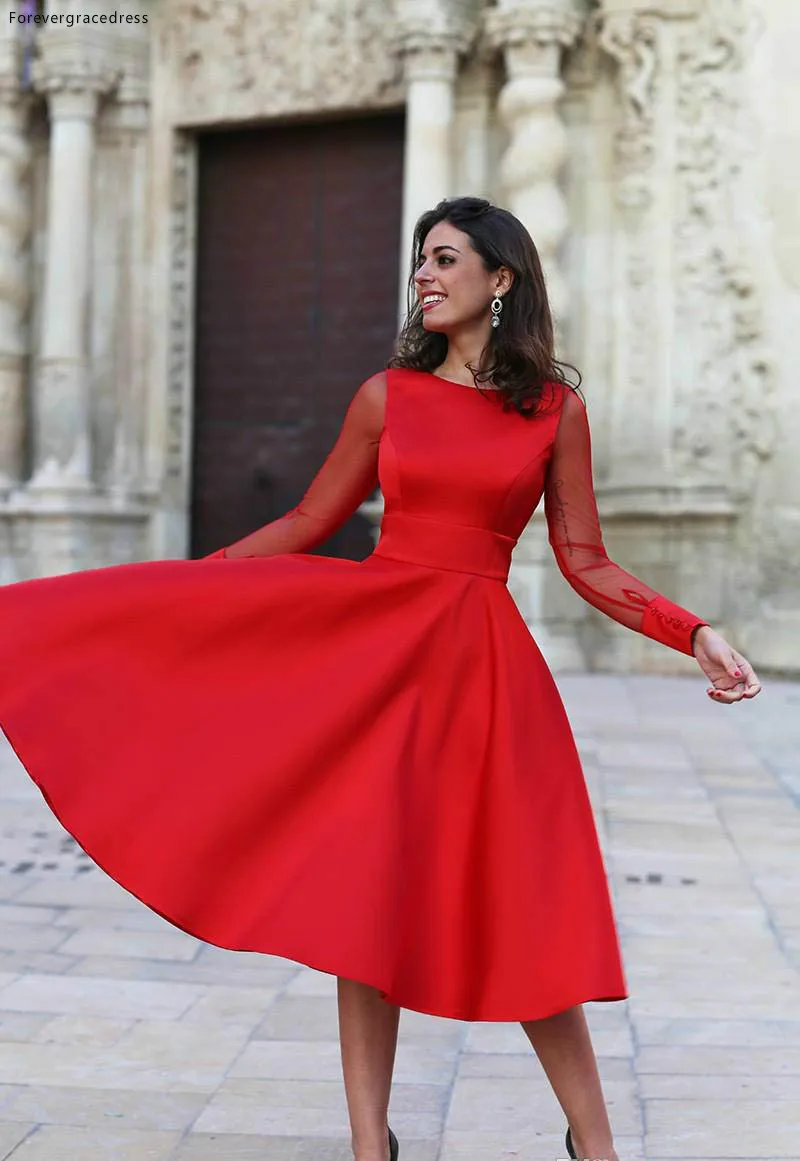 Vestido de cóctel rojo de manga larga, línea A, cuello de Joya, corto para Juniors, dulce 15, fiesta de graduación, talla grande, barato