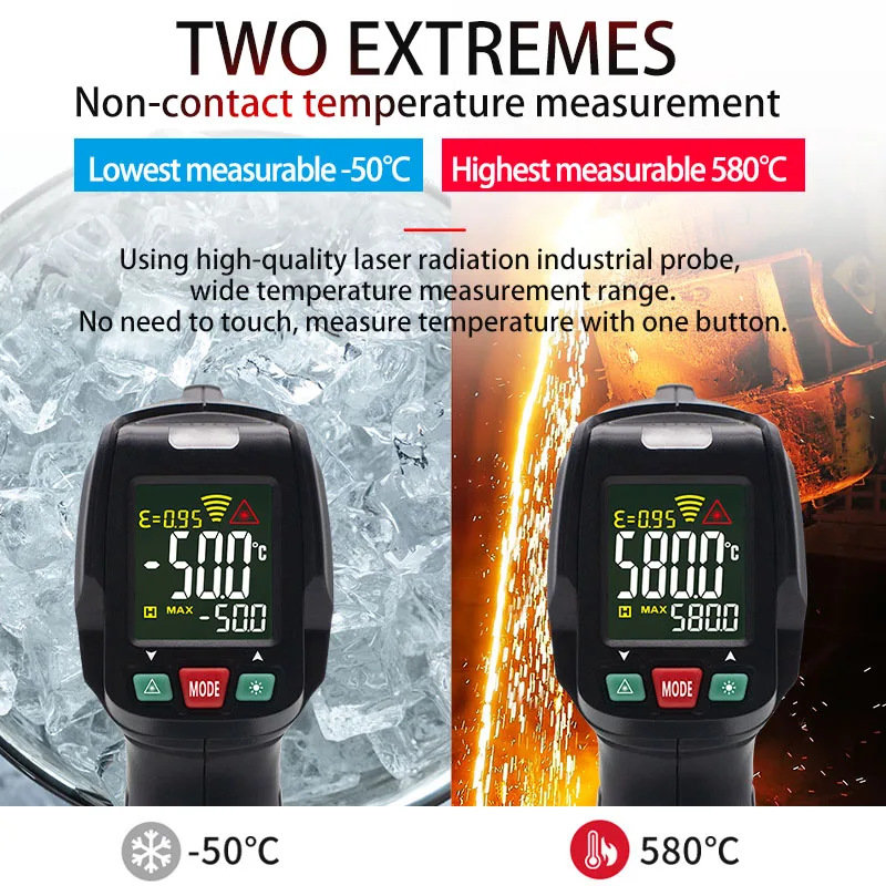 Digital Infrared Thermometer Non Contact Industrial Temperature Meter -50~580C High-Precision Adjustable Emissivity Thermometer