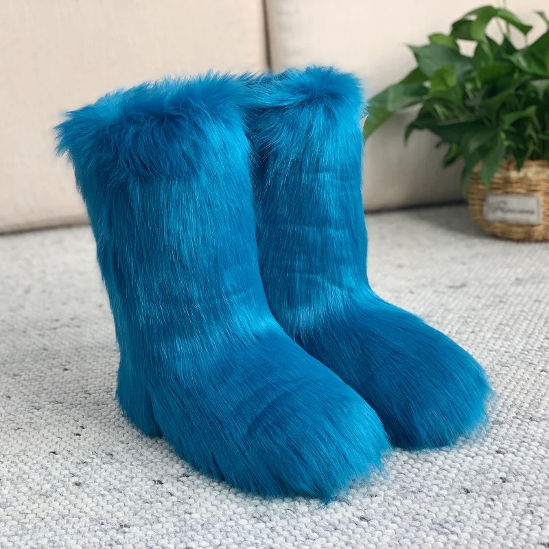 2023New Design Women Rainbow Colors Fluffy Snow Boots Female Winter Warm Faux Fluffy Fur Snow Boots Ladies Plush Furry Fur Boots