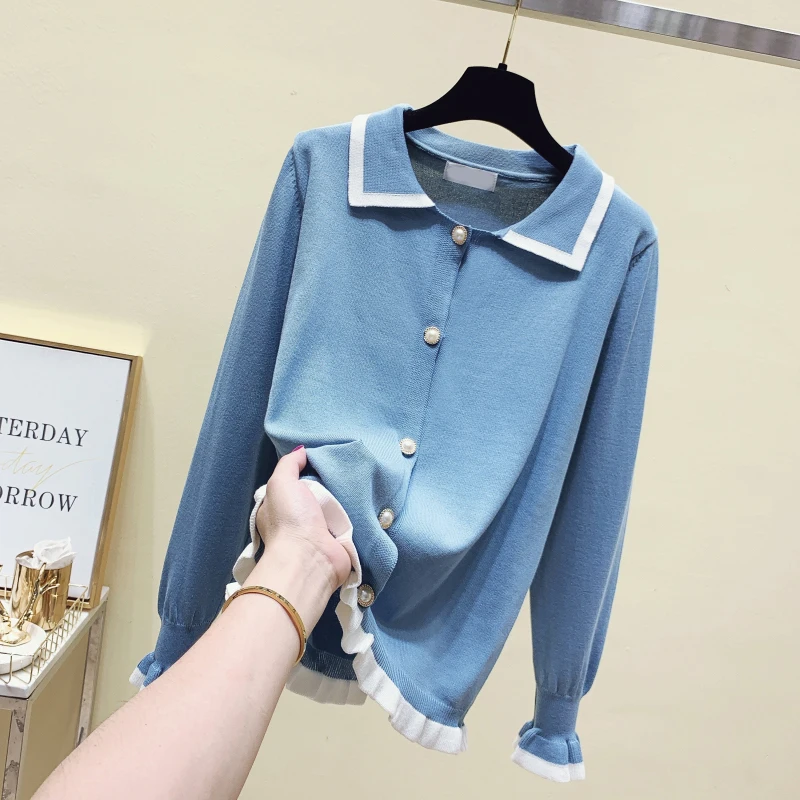 2021 Autumn Winter Cardigan Ruffle Sweater Casual Simple Long Sleeve Turndown Collar Jumpers and Bottom Outerwear Top