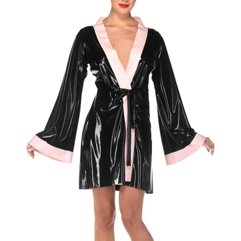 Black And Baby Pink Sexy Latex Pajamas Robe With Lacing Rubber Sleepwear Jacket Top Nightgown Plus Size YF-0215