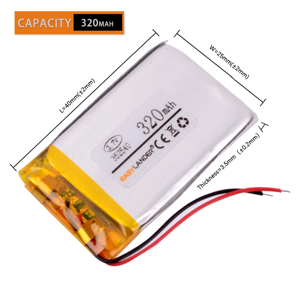 10pcs/Lot 352540 3.7V 320mAh Rechargeable Lithium Li-ion Polymer Battery for GPS Bluetooth Headse MP3