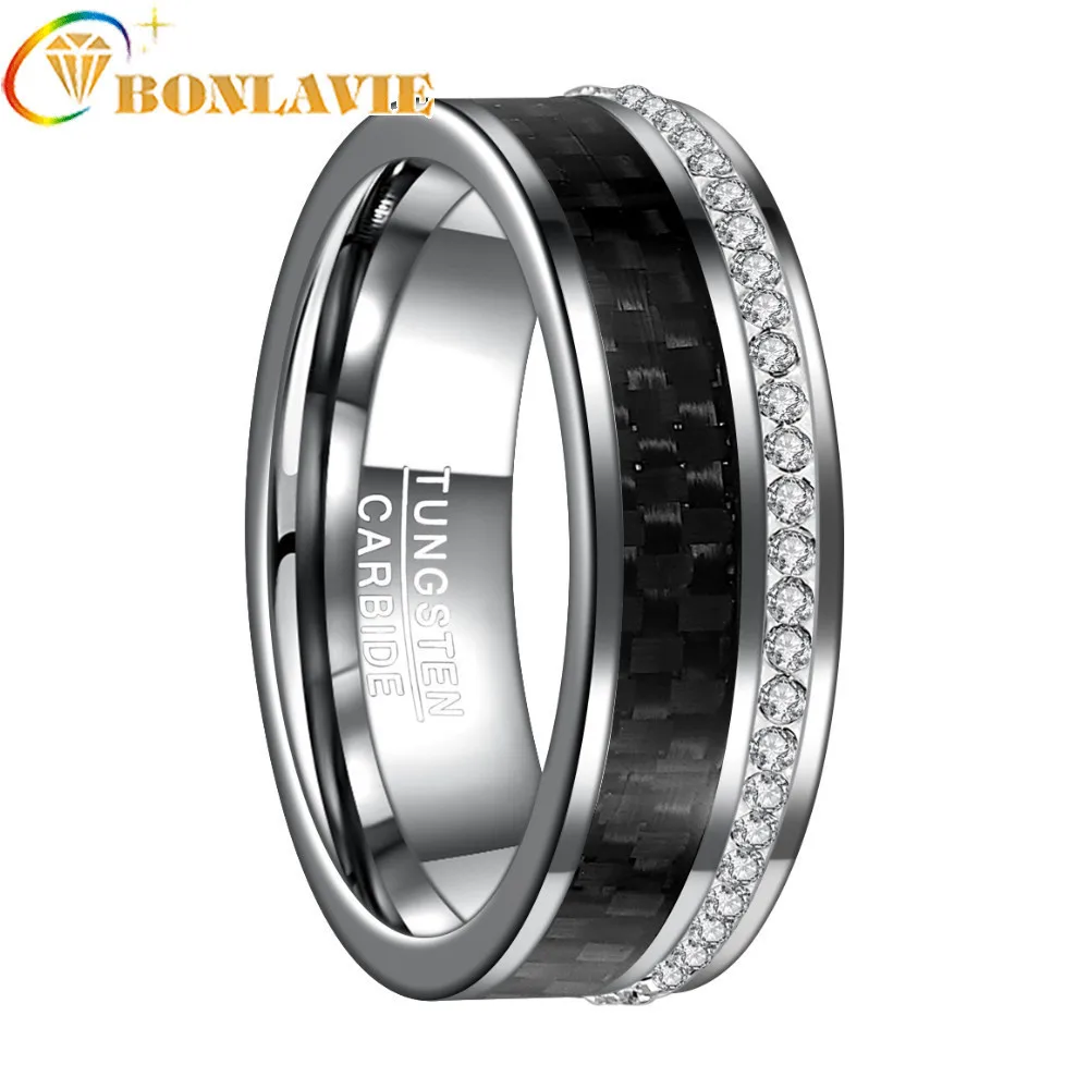 BONLAVIE 8MM Wide Steel Color Polished Plane Beveled Inlaid Black Carbon Fiber White Crystal Tungsten Steel Ring Men Jewelry