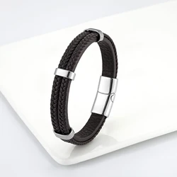 Simple Fashion Punk Style 3-Ring Stainless Steel Men's Bracelet Charm 3-Layer Leather Rope Classic Bracelet