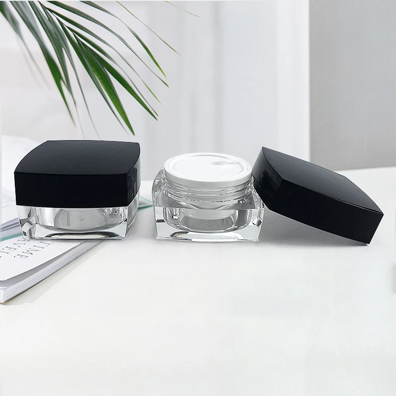 ขนาดเล็กสแควร์ขวดรีฟิลขวด5G 10G 30G 50G ใส Empty Jar หม้อคริลิคพร้อมฝาปิดสีดำแต่งหน้าขวดครีมหน้ากล่อง