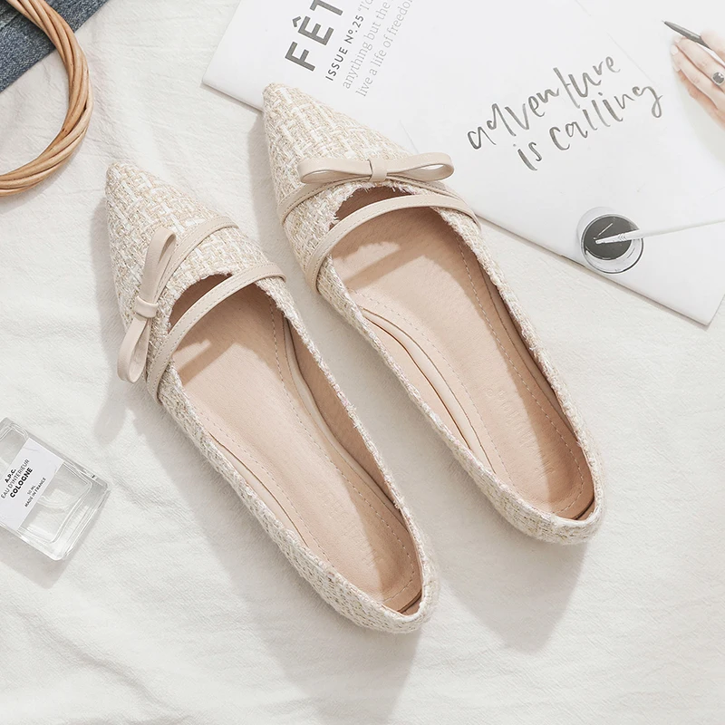 Women Flats Pointed Toe Beige Lady Flat Heel Shoes Bowknot Slip on Loafers Office Lady Elegant Shoes Soft Sole Comfortable 31-45