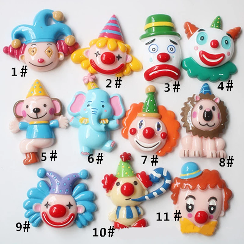 11pcs/Lot Fashion Cute Resin Clown Circus Troupe Gradient Pendant Flatback Charm For Woman Girl Cartoon Jewelry Finding DIY