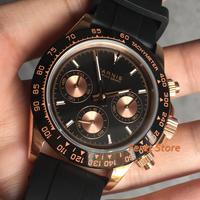 PARNIS Chronograph Function Luminous Watch Black dial Rubber strap buckle clasp stainless steel 39mm quartz men's watch